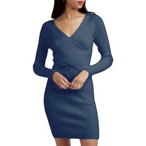 Blue Knit Ribbed Wrap Bodycon Dress
